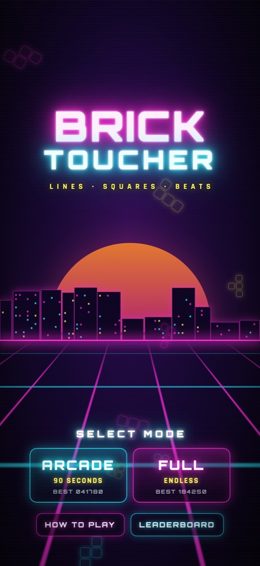 Title screen: neon BrickToucher logo over a synthwave sun and grid, with ARCADE and FULL mode buttons.