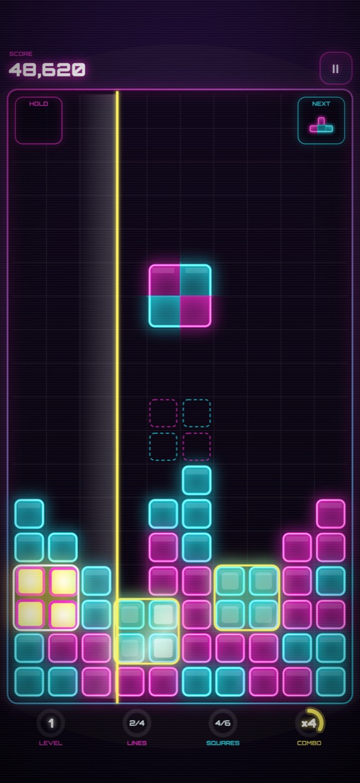 Gameplay: pink and cyan blocks, with glowing 2×2 squares waiting for the sweep line.
