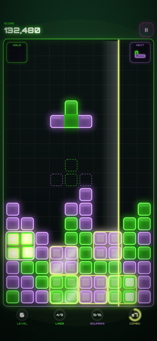 Gameplay at level 6 in green and purple, with a ×7 combo.
