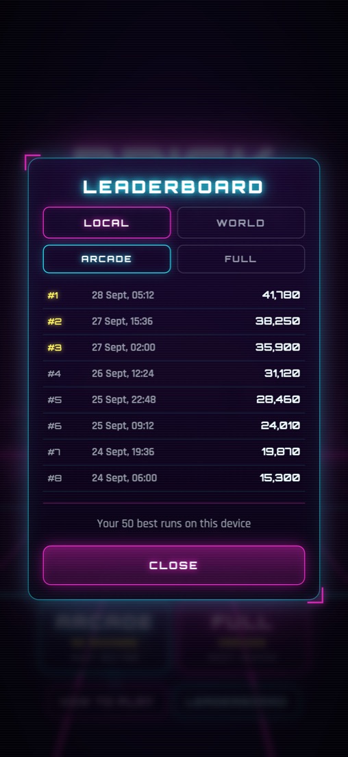 Leaderboard listing your best runs.